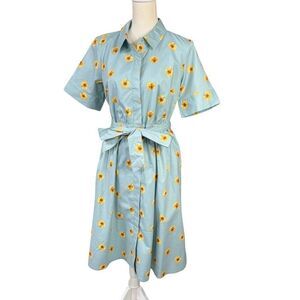 Jason Wu Floral Sunflower Button Front Belted Midi Shirt Dress Sz Medium Petite